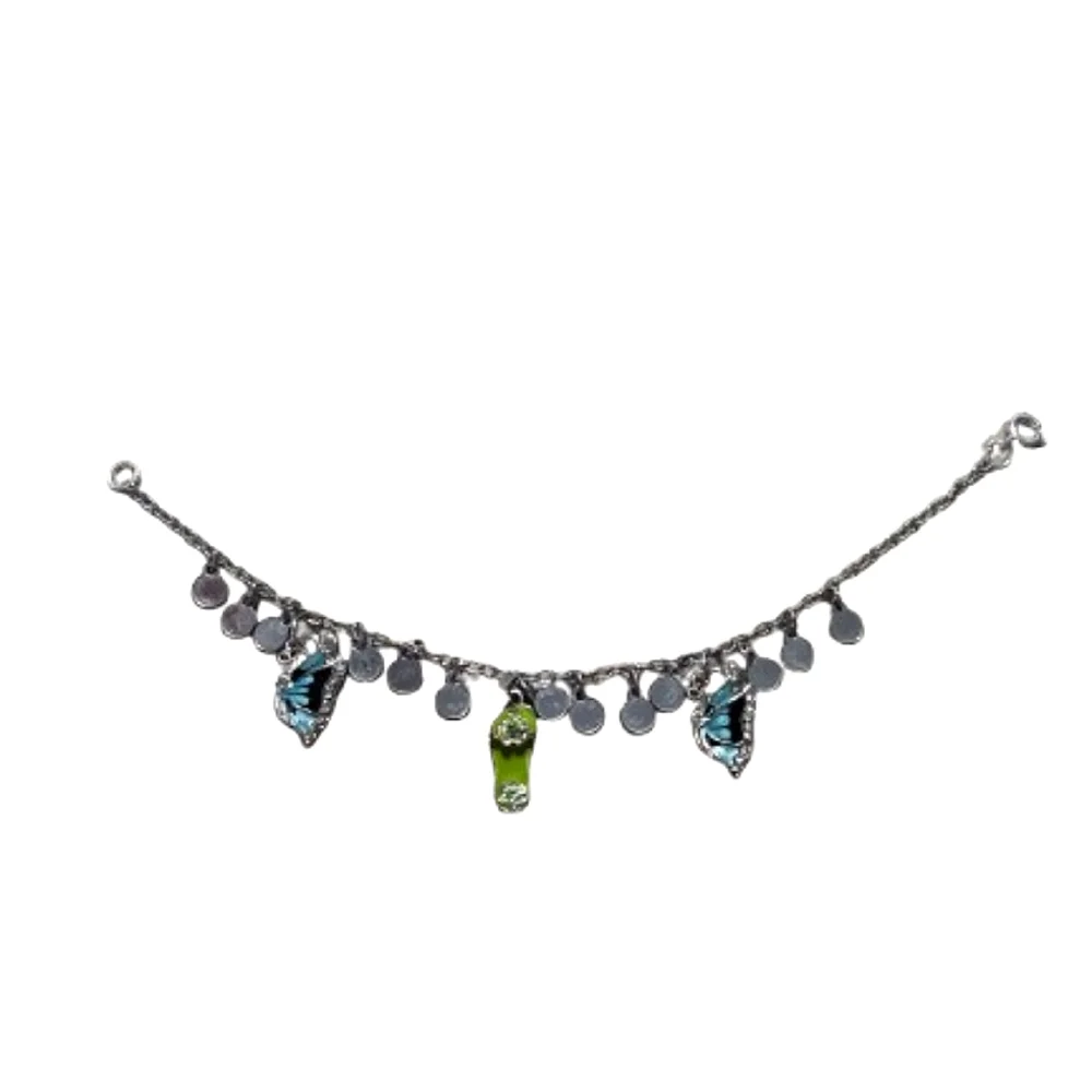 Elegant Silver and Blue Rhinestone Butterfly & Green Flip-flop Charm Bracelet